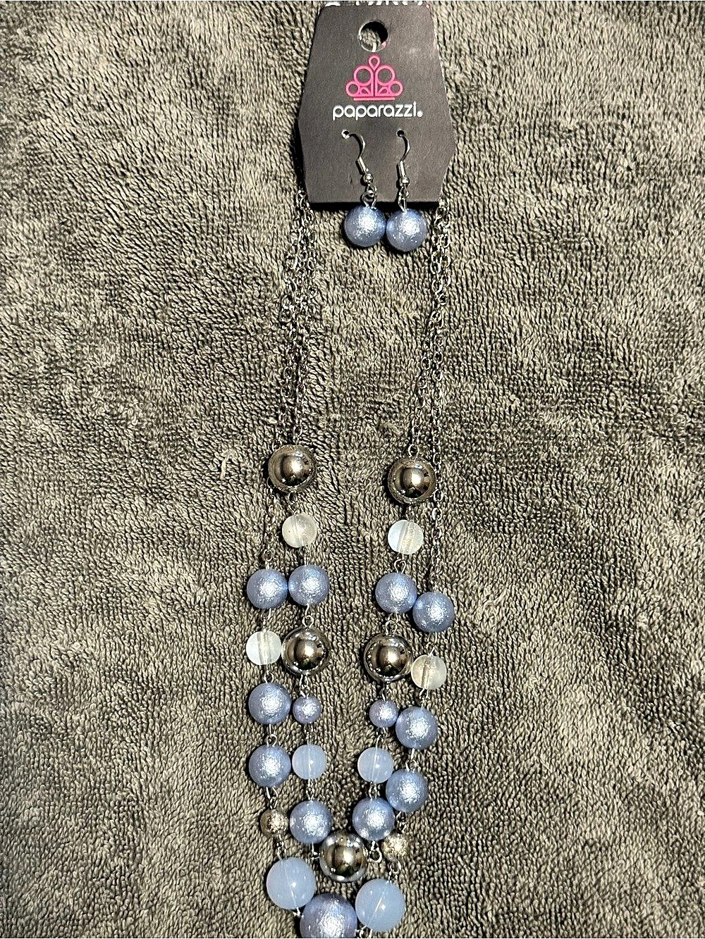 Paparazzi Light Blue Beaded Multi Strand Necklace Earrings Set